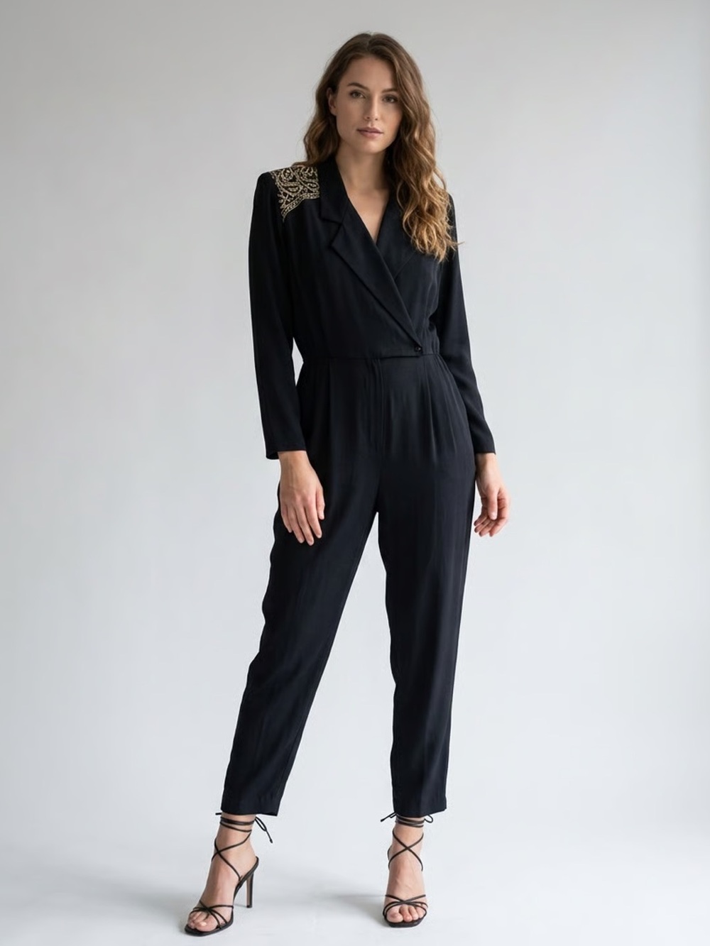 VIA SANT ANDREA | Vintage Black Gold Embroidered Shoulder Jumpsuit Sz 10P